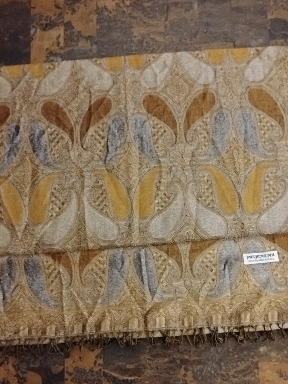 Pashmina Mustard, Gray & Brown Paisley Woven Shawl